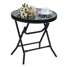 Folding Side Table, Foldable Coffee Table, Outdoor Garden Table, Small Round Patio Table - Cuadrícula negra - View 1
