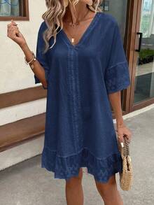 LUNE Vestido casual de verano con adorno de encaje y volantes en el cuello en V - Azul marino - Ver 3