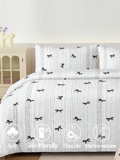 2/3Pcs Set Cute Black Bow Knot Geometric Striped Pattern Print Duvet Cover Set Without Filler Breathable Super Soft All-Season, Soft Two Tone Design Bedding Set For Ideal For Bedroom, Guest Room, Dormitory, 1pc Duvet Cover With 1/2pcs Pillowcase (Without Filler)Machine Washable King Queen Full Twin Size