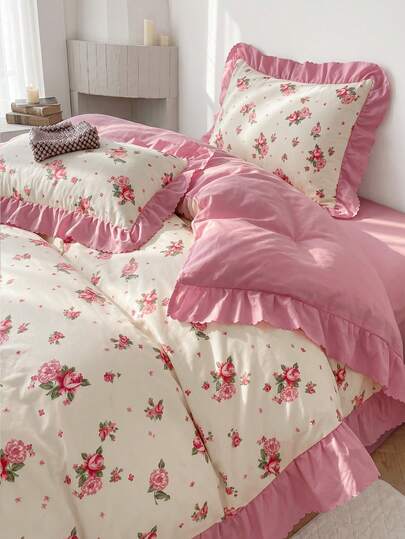 2/3pcs Bedding Set With Ruffle Edges, Delicate Pink Lace Style, Sweet Girl's Bedroom Decor, Soft & Comfortable, Printed Pattern, Washable Microfiber Duvet Cover, Breathable Anti-Dust Anti-Slip, Lightweight & Silky, Suitable For All Seasons, Fits Twin/Queen/King Size, Includes 1pc Duvet Cover And 2/1pc Pillow Shams, Ideal Holiday Gift And Room Decoration
