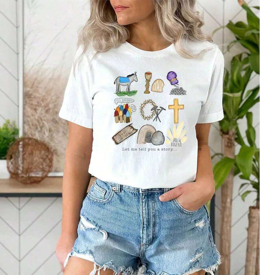 Camiseta de Pascua "Él Ha Resucitado", Camiseta "Él Ha Resucitado", Camisetas Religiosas, Regalos Cristianos, Regalo de Camiseta de Pascua, Camiseta con Historia de Pascua, Camiseta Vintage Estilo Urbano Unisex de Algodón Suelto de Manga Corta con Cuello Redondo, blusas para mujer. blusas.blusas casuales para dama. - Blanco - Ver 1