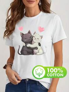 Camiseta casual de manga corta 100% pura para mujer con estampado de "Dos gatos abraz£ndose con corazones", diseo estampado de cuello redondo, estilo influyente vintage elegante, suave y cmoda para primavera, verano y otoo, varios colores disponibles, excelente opcin de regalo - Blanco - Ver 2