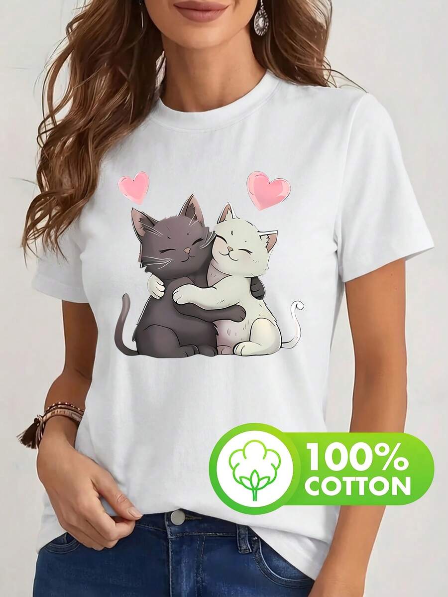 Camiseta casual de manga corta 100% pura para mujer con estampado de "Dos gatos abraz£ndose con corazones", dise￱o estampado de cuello redondo, estilo influyente vintage elegante, suave y c￳moda para primavera, verano y oto￱o, varios colores disponibles, excelente opci￳n de regalo