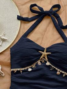 Conjunto de 2 piezas de top halter sin espalda y shorts, conjunto de ropa para vacaciones - Azul marino - Ver 6