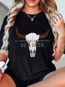 Women's Western Cowboy Cow Skull Print T-Shirt - Black Retro Graphic Tee With Slogan "In A World Full Of Princesses Be A Beth", Casual Short Sleeve Crew Neck Top For Spring - 黑色 - 查看 5