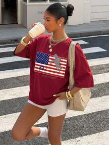 Women's Oversized T-Shirt With Pink And Red Striped Slogan Print, Casual Summer Holiday Style, Loose Fit, Round Neck, Short Sleeve, Comfortable - 酒紅色 - 查看 5