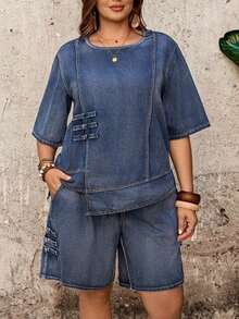 Women Denim Two-Piece Outfits - Blue - View 6