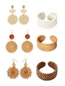 1/2pcs Set Women Summer Handmade Woven Rattan Earrings And Bracelet Set, Circular Pendant Earrings With Matching Bangle - Multicolor - View 10