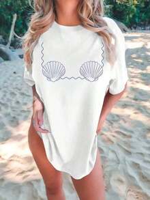 Camiseta Casual de Manga Corta con Cuello Redondo y Estampado de Sirena para Fiesta de Solteros, Top de Verano para Mujer. Transpirable y cómoda. - Blanco - Ver 12