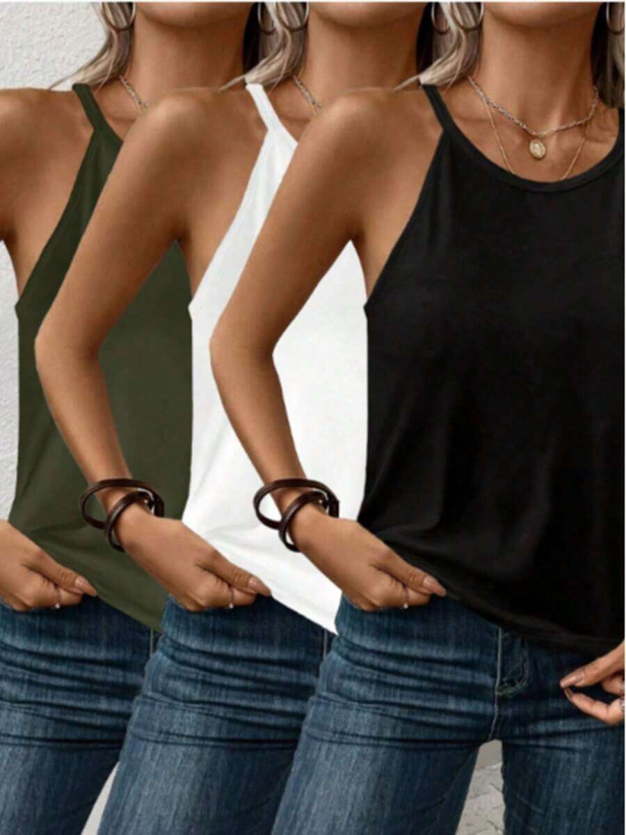 Set de 3 piezas Camiseta de tirantes sin mangas de verano de mujer casual de unicolor - Multicolor - Ver 1