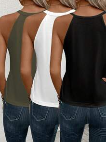 Set de 3 piezas Camiseta de tirantes sin mangas de verano de mujer casual de unicolor - Multicolor - Ver 2