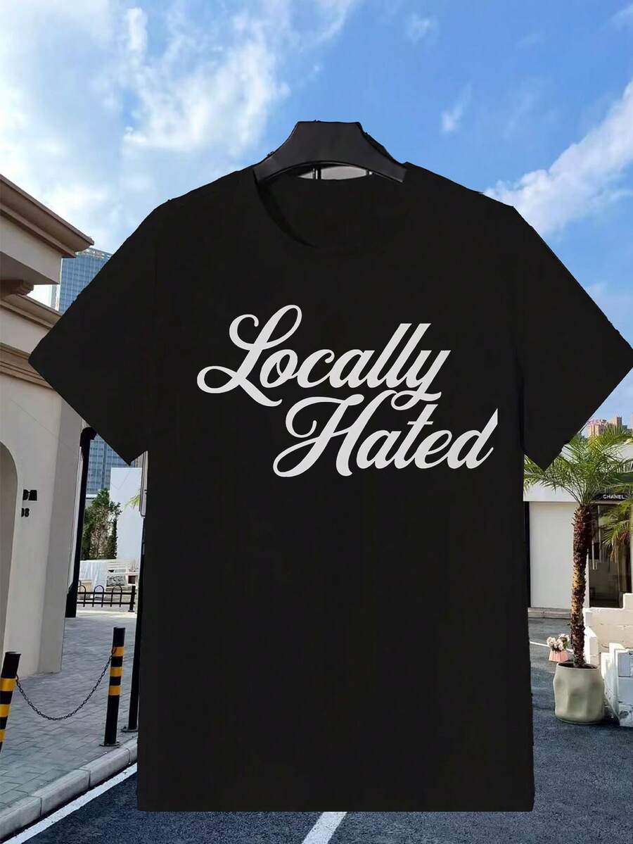 Camiseta de manga larga con estampado de escritura blanca "Locally Hated" para uso casual y estilo urbano, de tela de punto, corte relajado, talla completa, con estampado gráfico moderno, perfecta para salidas informales y uso diario. - Negro - Ver 1