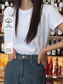 Camiseta básica de mujer de cuello redondo, manga corta y ajustada, color blanco, para primavera/verano - Blanco - Ver 10