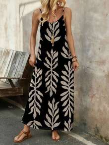 Vestido casual largo de punto elástico para mujer, cómodo y de moda para primavera/verano, vacaciones, adecuado para verano, vacaciones, con estampado vintage de flores, hojas y tropical - Negro - Ver 3
