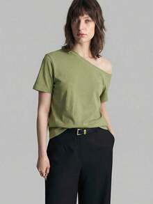2026SS Nueva Blusa de Mujer de unicolor con Hombros Descubiertos, Uso Casual Diario, Camiseta de Manga Corta Holgada, Blusas de Verano para Mujer, Casual de Negocios, Vacaciones, Playa, Fiesta de Cumpleaños, Atuendo de Maestra, Regreso a Clases - Verde - Ver 3