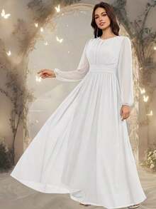 Vestido de dama de honor formal de gasa de manga larga hasta el suelo con corte evasé, color borgoña elegante, vestido de invitada de boda, mangas sin forro, primavera - Blanco - Ver 1