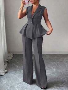 Conjunto de traje elegante y romántico para mujer con blazer sin mangas, cuello y cintura ceñida, talla grande - Gris Oscuro - Ver 8