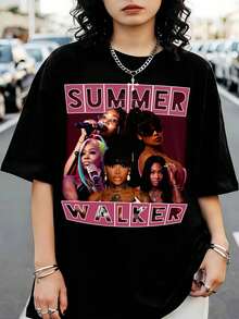 Oversized Black Graphic T-Shirt, Retro 90s Style, By Summer Walker, R&B Singer - Black - View 6