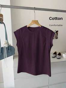 Camiseta de algodón casual de cuello redondo de doble capa con hombros anchos y sin mangas para mujeres, adecuada para uso casual diario, blanco para verano, parte superior de trabajo para verano - Morado - Ver 3