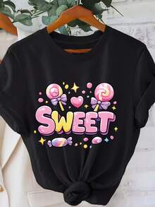 Camiseta de manga corta con estampado frontal - SWEET, camiseta de manga corta con cuello redondo y estampado de caramelos - moderna, cómoda, transpirable y casual, un top clásico, moderno y versátil para primavera y verano. - Negro - Ver 6