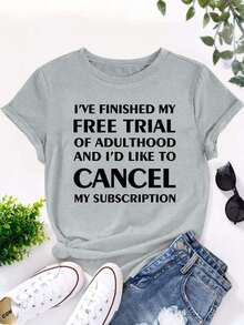 Plus Size Women's Casual And Fashionable Printed T-Shirt, Sizes 0-8XL,  Base Layer For Everyday Wear, Stylish, Suitable For All Seasons, Casual Wear, Short Sleeve, Round Neck T-Shirt, Various Colors Available, Plus Size Women's T-Shirt. I Have Completed The - 太空灰 - 查看 1