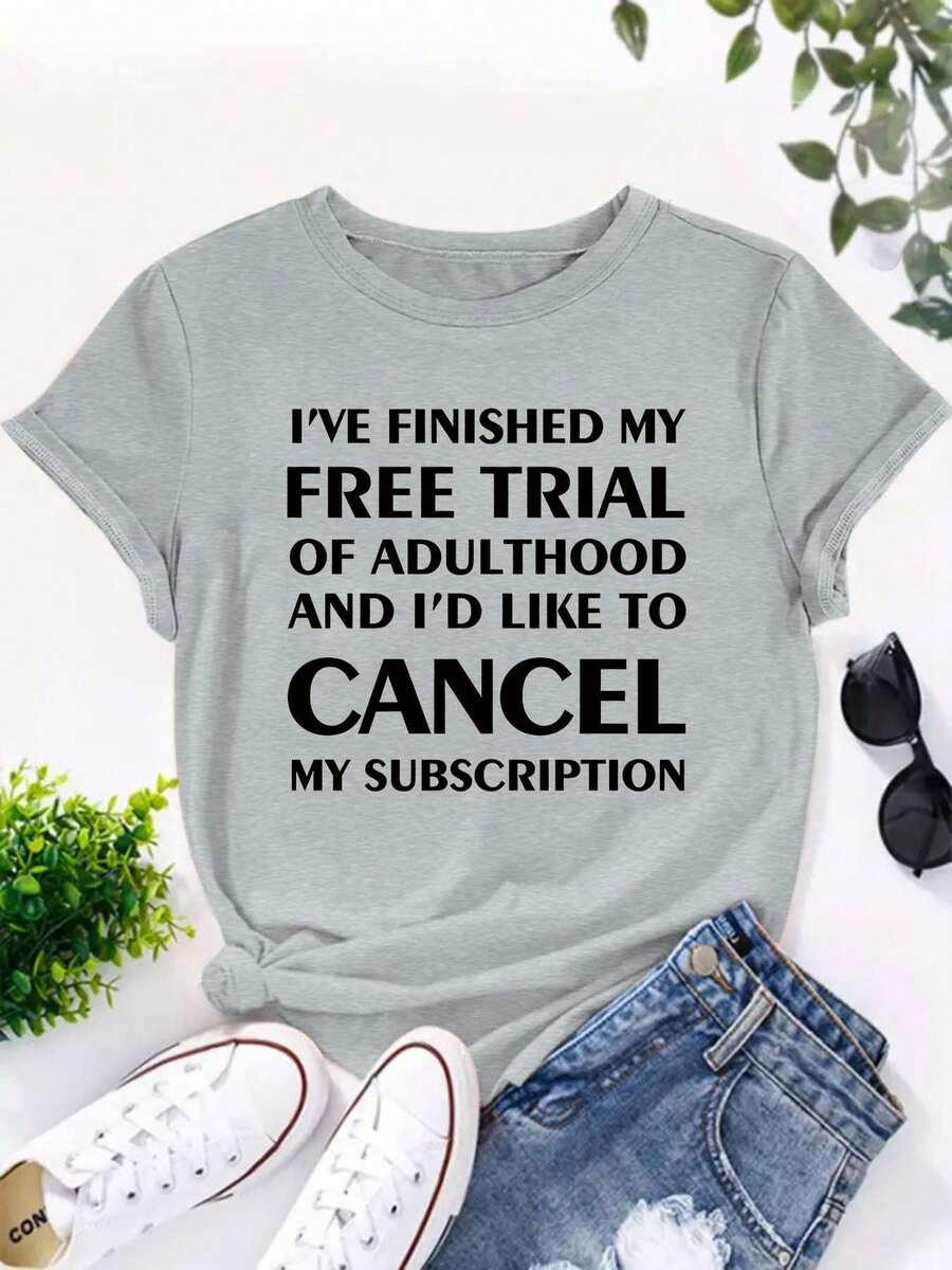 Plus Size Women's Casual And Fashionable Printed T-Shirt, Sizes 0-8XL, Base Layer For Everyday Wear, Stylish, Suitable For All Seasons, Casual Wear, Short Sleeve, Round Neck T-Shirt, Various Colors Available, Plus Size Women's T-Shirt. I Have Completed The - 太空灰 - 查看 1