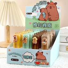4pcs Capybara Cartoon Sliding Eraser, Cute Animal Shape Retractable Eraser With Protective Cover, Portable School Supplies For Study, Office, Drawing & Writing Correction - A - View 7