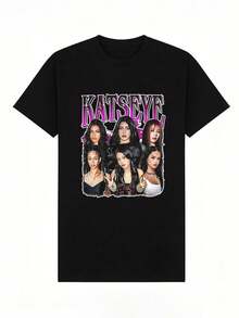 Boys' 2026 Summer T-Shirt, Casual, Soft, Round Neck, Short Sleeve, With KATSEYE Group Portrait Graphic Print, Suitable For Casual And Everyday Wear. Black. - 黑色 - 查看 2