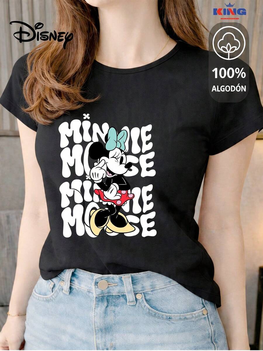 Women's T-Shirt Made Of 100% High-Quality Cotton. This T-Shirt Guarantees Exceptional Softness To The Touch, A Round Neck With A "Disney Minnie Mouse Retro Typography" Print, And Short Sleeves. - 黑白 - 查看 1