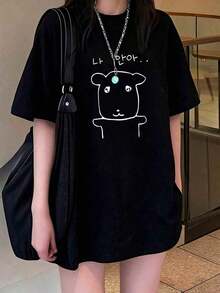 Women's Short-Sleeved T-Shirt With Round Neck, Personalized, With Summer Letter Print, Modern, Casual, Versatile, Loose Fit In White - Unisex Loose Cotton T-Shirt With Round Neck And Short Sleeves, Urban Vintage Style. - 黑色 - 查看 2
