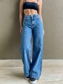 Women's Wide Leg Jeans, High Waist, Butt Lifting Design - jeans marmorizado - 查看 1
