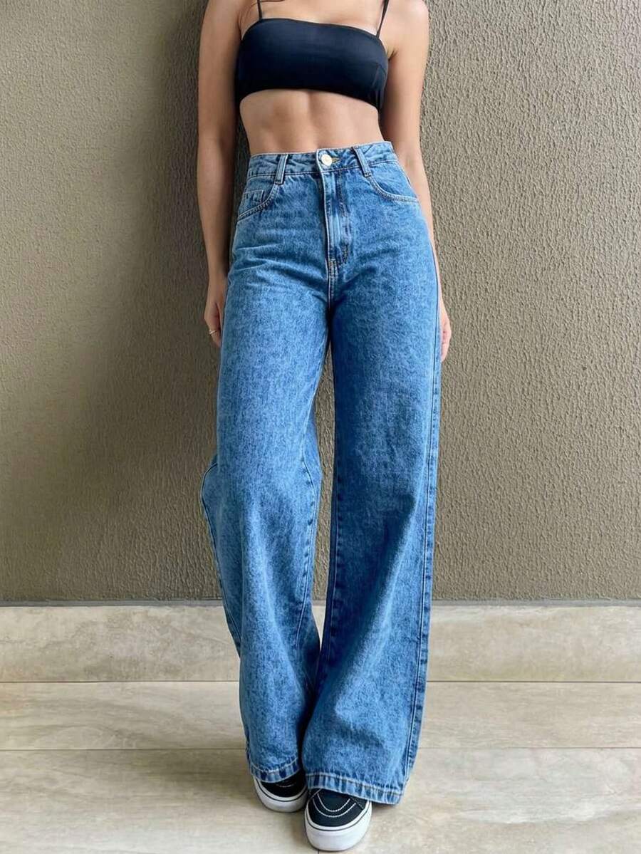 Women's Wide Leg Jeans, High Waist, Butt Lifting Design - jeans marmorizado - 查看 1