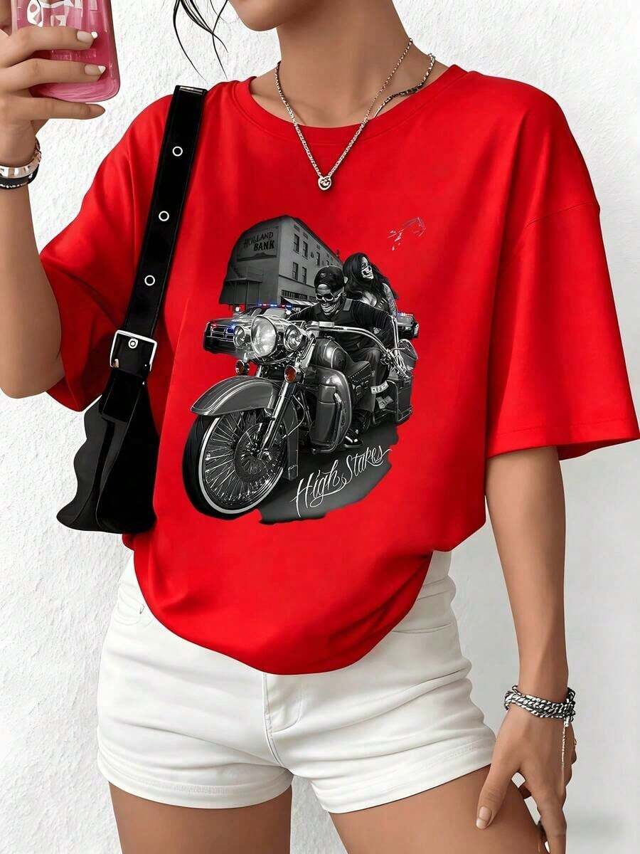 100% Cotton. Classic Motorcycle With A Brave Woman In Front Of A Bank Symbolizing Freedom, Power, And Urban Rebellion. Women's 100% Cotton T-Shirt, Soft And Comfortable For Everyday Wear. Women's Simple Solid Color T-Shirt, Loose And Slim Fit Casual Short Sleeve - 紅色的 - 查看 1