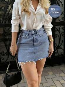 Minifalda de mezclilla con dobladillo deshilachado estilo vintage Y2K, falda ajustado ajustada de cintura alta con forma de corazón, diseño de verano, vestido de verano para mujer, ropa de verano para mujer, falda de mezclilla, ropa casual - Negro - Ver 12