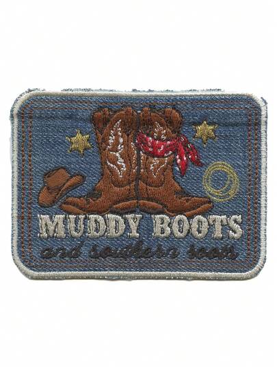 1 miếng vá thêu hình giày Muddy Boots Southern Roots bằng vải denim, kiểu miền Tây, có thể ủi lên.
