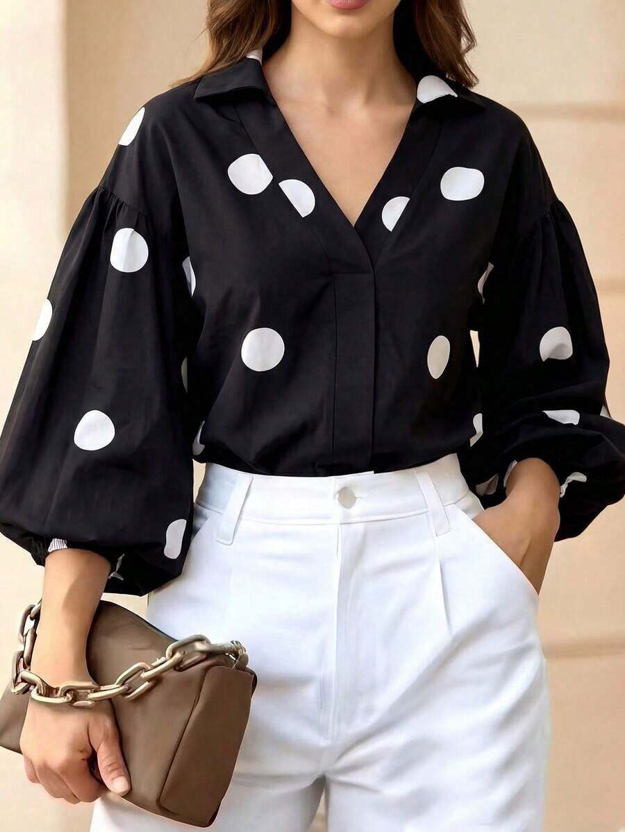 Elegant Polka Dot Blouse With Lantern Sleeves, Button Front, And V-Neck, Suitable For The Office And Casual Wear - Spring/Summer, Beach Vacation, Summer Holiday - Black - 黑色 - 查看 1