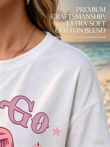 Camiseta de manga corta con cuello redondo holgado, estampado de estrellas y sombrero de vaquera rosa de Let's Go Girls, no se decolora, no se forman bolitas, cómoda y casual, ideal para uso diario, deportes y actividades de ocio, regalo perfecto para mujeres para el Día de la Madre y el Cinco de Mayo. - Blanco - Ver 4