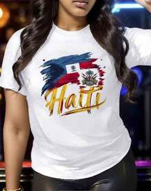 Camiseta estampada para mujer con estampado de la bandera haitiana - Ligera, transpirable, de cuello redondo y manga corta, ligeramente elástica, camiseta casual para todas las estaciones, ideal para correr, actividades al aire libre y regalos navideños, camiseta haitiana, playera para verano. - Blanco - Ver 1