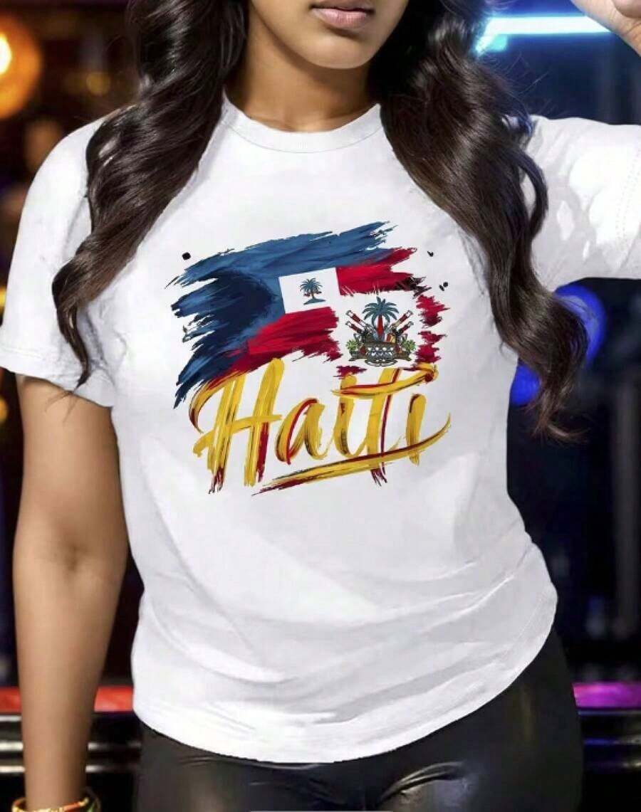 Camiseta estampada para mujer con estampado de la bandera haitiana - Ligera, transpirable, de cuello redondo y manga corta, ligeramente elástica, camiseta casual para todas las estaciones, ideal para correr, actividades al aire libre y regalos navideños, camiseta haitiana, playera para verano. - Blanco - Ver 1