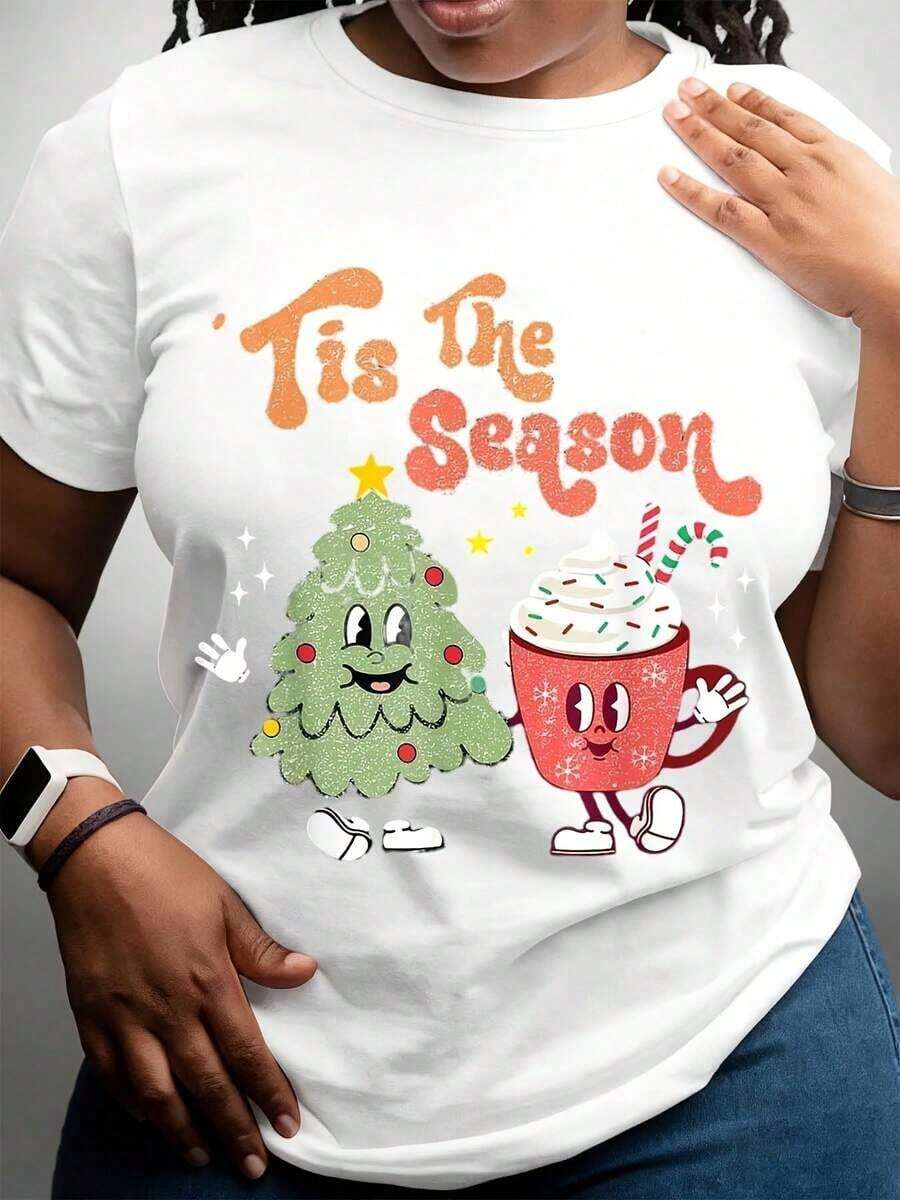 Camiseta Casual de Mujer con Estampado de Árbol de Navidad y Taza de Chocolate Caliente, Estilo Casual, para Fiestas Navideñas, Ropa de Invierno, Idea de Regalo - Blanco - Ver 1