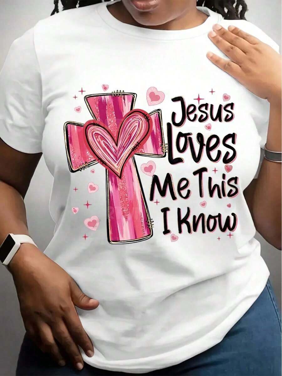Women's Pink T-Shirt With Cross And Heart, "Jesus Loves Me, I Know This 100%", Breathable, Suitable As A Gift. Women's T-Shirt. Elegant Blouses. Boho Chic. Soft, Breathable, And Comfortable Women's Top, Ideal For Spring, Summer, And Autumn, Perfect For Vacations, Travel, And Everyday Wear. - 白色 - 查看 1