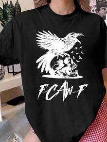 Women's T-Shirt 100% Cotton - Kaw-F Gothic T-Shirt With Raven And Skull Print - Casual Round Neck, Short Sleeve, Black And White, Gothic Style For Casual Outfits, All Season Comfort, Machine Washable - Essential Garment For Urban Fashion And Combinations With Bold Winged Raven And Skull Design, Loose Fit For Daily Travel, Leisure Outings And Holiday Wear, Soft Fabric For Year-Round Style. - 黑色 - 查看 1