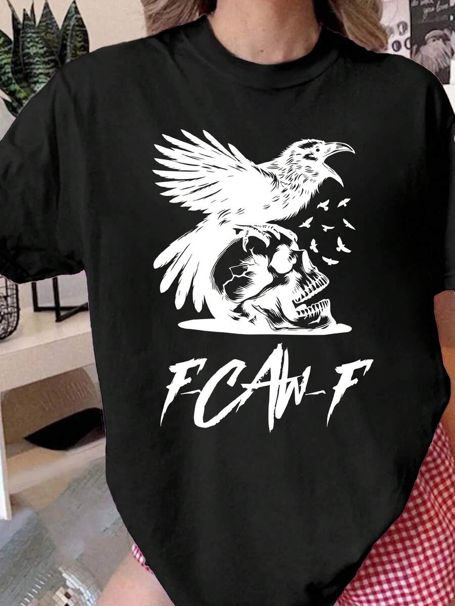 Women's T-Shirt 100% Cotton - Kaw-F Gothic T-Shirt With Raven And Skull Print - Casual Round Neck, Short Sleeve, Black And White, Gothic Style For Casual Outfits, All Season Comfort, Machine Washable - Essential Garment For Urban Fashion And Combinations With Bold Winged Raven And Skull Design, Loose Fit For Daily Travel, Leisure Outings And Holiday Wear, Soft Fabric For Year-Round Style. - 黑色 - 查看 1