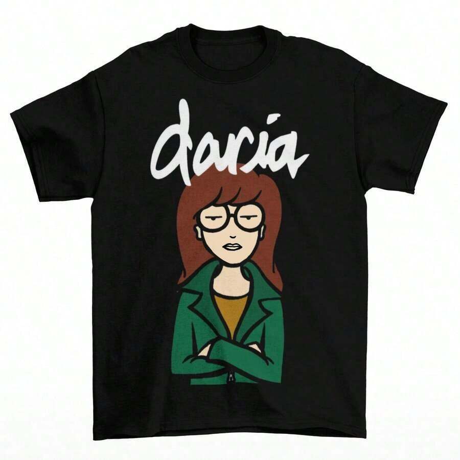 Camiseta estampada de algodón puro de 180 g/m² con diseño de Daria Morgendorffer de "Sick Sad World", personaje de dibujos animados. Tejido de algodón transpirable, textura de punto cómoda y suave, duradera y fácil de limpiar. Lavable a máquina. Perfecta para fans de los dibujos animados de los 90. Elegante. Adecuado como regalo.playera de mujer.blusas>elegante.boho chic,Top de mujer suave, transpirable y cómodo, ideal para primavera, verano y otoño, perfecto para vacaciones, viajes y uso diario. - Negro - Ver 1