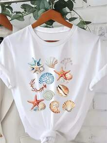 2026Camiseta Casual de Mujer con Estampado de Estrella de Mar y Concha, 100% Algodón Suave y Transpirable, Cuello Redondo y Ajuste Holgado para Primavera-Verano, Lavable a Máquina2026 - Blanco - Ver 1