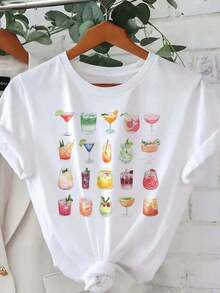 1 Piece Women's Retro Watercolor Cocktail Print T-Shirt - Short Sleeve, Round Neck, Summer Beach Party Top With Margarita, Daiquiri And Mojito Design - Breathable Casual T-Shirt For Bachelorette Parties, Social Gatherings And Casual Outfits (Machine Washable, Soft). - 白色 - 查看 7