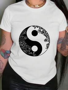 Nueva Camiseta de Moda para Mujer con Cuello Redondo, Camiseta de Artes Marciales Chinas de Tai Chi para Mujer - Top Casual de Manga Corta con Estampado de Tai Chi, No Compatible con Blusas, para Práctica de Tai Chi y Atuendo Casual, Lavable aáquina, Ropa de Primavera Verano, Diseño Versátil Listo para el Verano. - Blanco - Ver 1