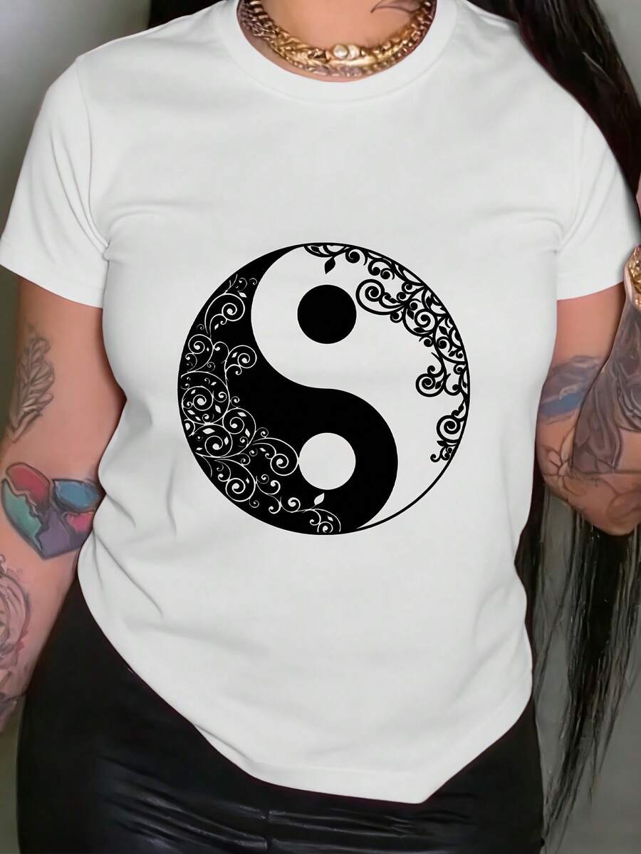 Nueva Camiseta de Moda para Mujer con Cuello Redondo, Camiseta de Artes Marciales Chinas de Tai Chi para Mujer - Top Casual de Manga Corta con Estampado de Tai Chi, No Compatible con Blusas, para Práctica de Tai Chi y Atuendo Casual, Lavable aáquina, Ropa de Primavera Verano, Diseño Versátil Listo para el Verano. - Blanco - Ver 1