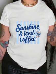 T-Shirt With Sun And Iced Coffee Graphic Print, Short Sleeve, Round Neck, Casual Style For Summer And Spring, Women's Clothing - High Quality - 白色 - 查看 1