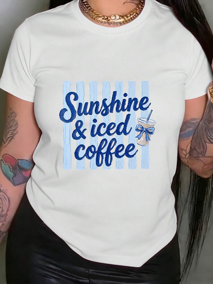 T-Shirt With Sun And Iced Coffee Graphic Print, Short Sleeve, Round Neck, Casual Style For Summer And Spring, Women's Clothing - High Quality - 白色 - 查看 1
